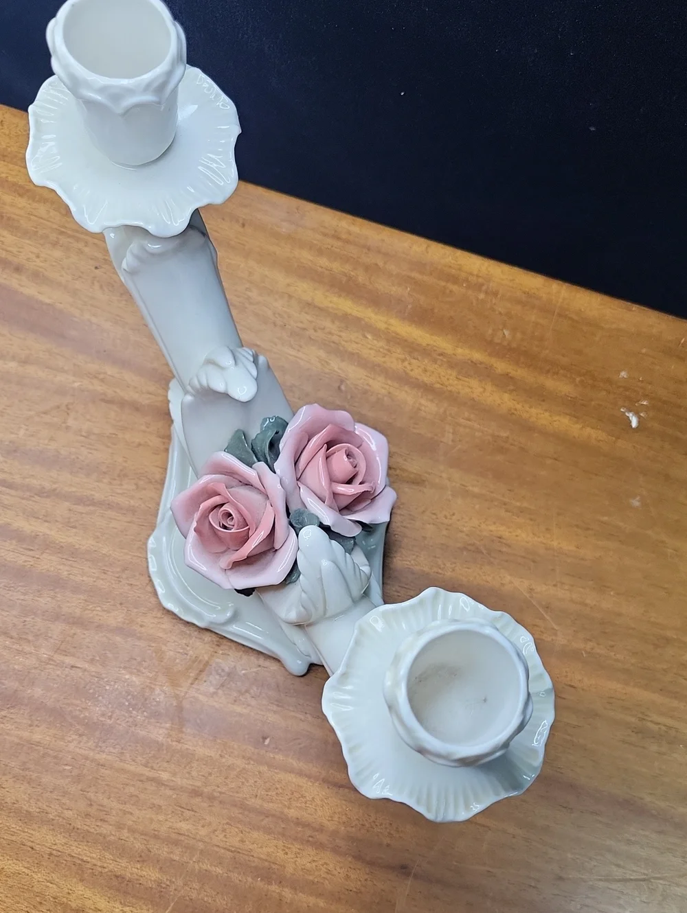 Porcelain Double Candle Holder with Pink Rose Accent